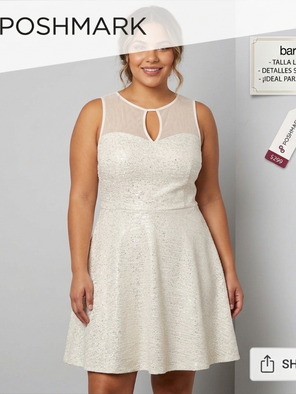 Bar III Sparkling Beige Dress. Illusion Neckline Size Large.